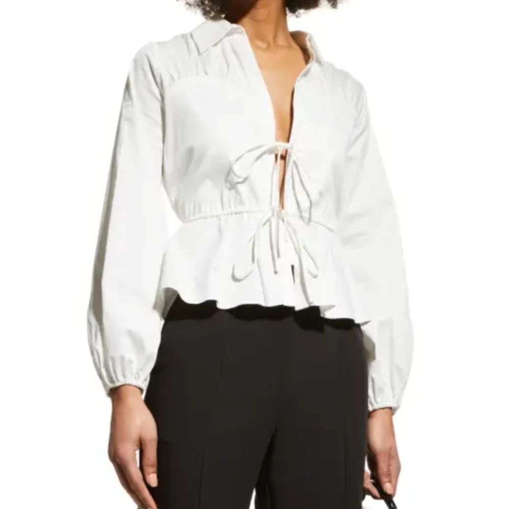 Milly White Peplum Blouse with Tie Front and Long Sleeves